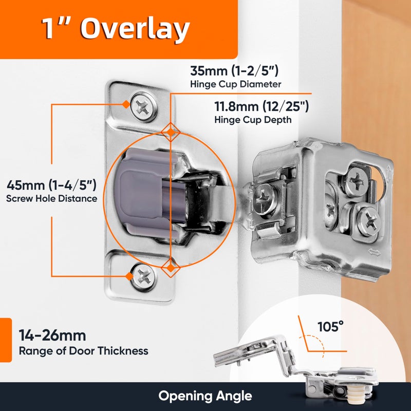 Decobasics 50 Pack Soft Close Cabinet Hinges â€“ 1" Overlay for Kitchen Cabinet Doors, Face Frame Concealed Hidden Hinges â€“ Stainless Steel, Self-Closing with 3-Way Adjustment & Slow Close Damper - Image 2